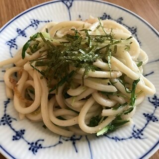 水菜とたらこパスタソースの焼きうどん